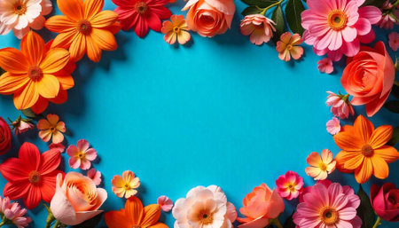 Colorful flower frame on a vibrant blue backgroundの写真素材