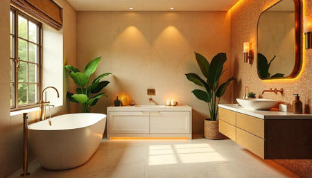 Elegant bathroom interior featuring a freestanding tub and vanity