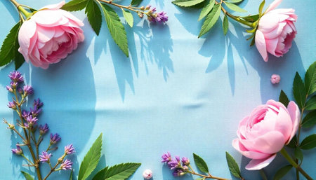 Pastel floral arrangement on light blue backdrop with shadows