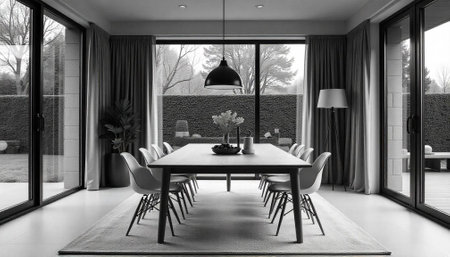 Monochrome modern dining room with natural light and table setting
