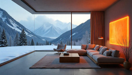Modern interior with mountain view and warm lighting contrastの写真素材