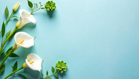 Elegant calla lilies and succulents on pastel blue background