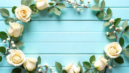 Elegant cream roses and eucalyptus wreath on blue planksの写真素材