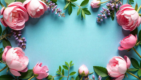 Floral frame of pink roses and lavender flowersの写真素材
