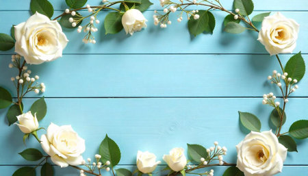 Elegant frame of white roses on a blue backgroundの写真素材