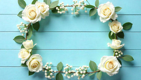 Floral frame with white roses and light blue backgroundの写真素材