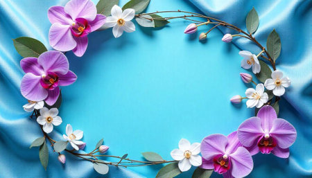 Floral frame with orchids on textured blue background designの写真素材