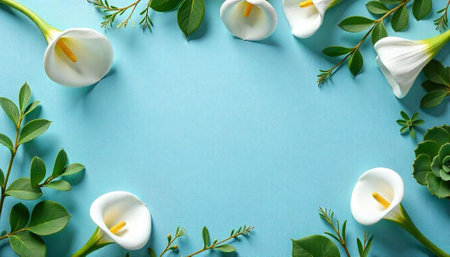 Calla lilies and greenery framing a blank soft blue backgroundの写真素材