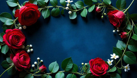 Elegant roses and greenery wreath frame on blue backdropの写真素材