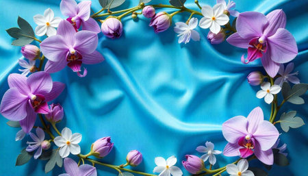 Floral frame with orchid and jasmine flowers on blue silkの写真素材