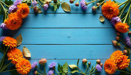 Floral frame on blue wooden background with copy space