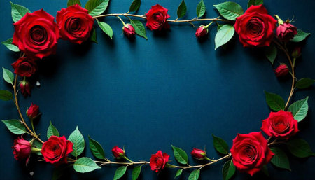 Red rose frame on dark blue textured surfaceの写真素材