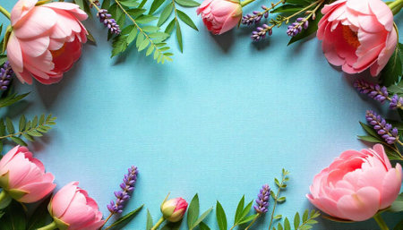 Floral frame with pink peonies and lavender on blue