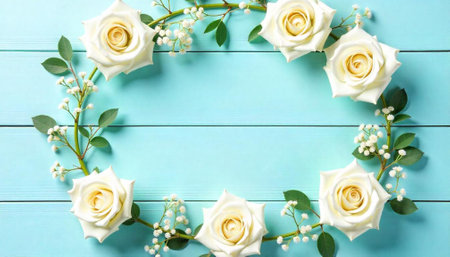 Elegant white roses and baby's breath wreath on blue surfaceの写真素材
