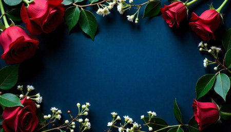 Elegant roses and white flowers frame dark blue backgroundの写真素材