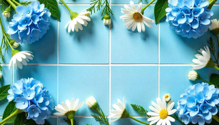 Hydrangea and daisy flower arrangement on light blue tilesの写真素材