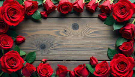 Red roses arranged on a wooden surface forming frameの写真素材