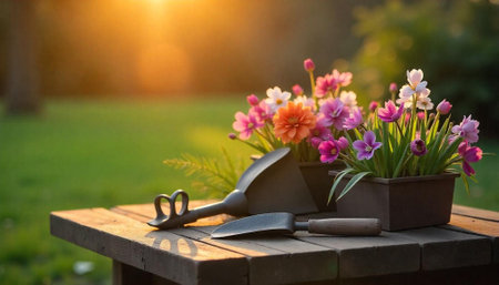 Gardening tools and flowers on a weathered wooden tableの写真素材