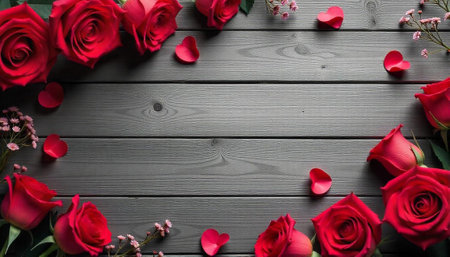 Red roses and heart confetti on rustic wood surfaceの写真素材
