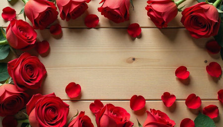 Romantic Red Roses on Light Wood Background with Petalsの写真素材