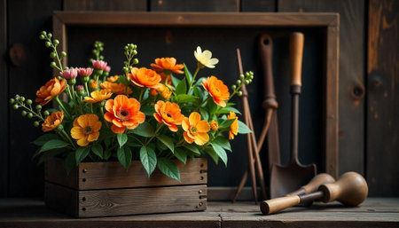 Floral arrangement with gardening tools in a rustic setting