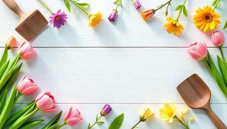 Spring flowers and wooden scoop on white wooden backgroundの写真素材