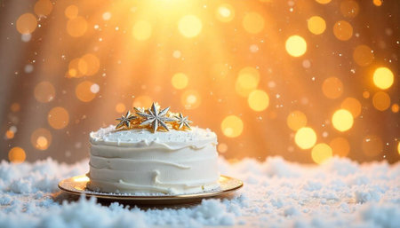 Celebratory cake adorned with star decorations on sparkling backgroundの写真素材