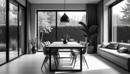 Minimalist dining room with large windows and modern furnitureの写真素材