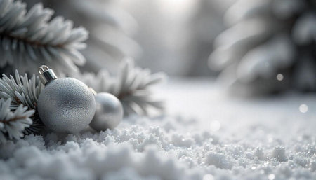 Silver Christmas ornaments in snow with frosted pine branchesの写真素材
