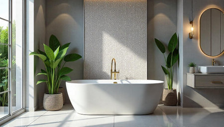 Modern bathroom with freestanding tub and tropical plants