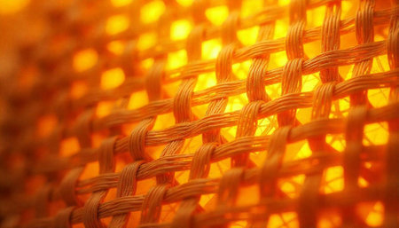 Warm toned woven texture with a subtle glowing lightの写真素材