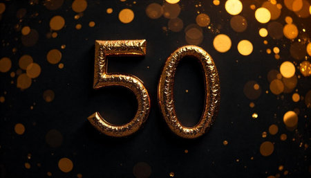Golden Fifty Anniversary Numeral Celebration with Bokeh Lights Effectの写真素材