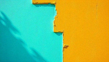Abstract turquoise and yellow painted wall texture backgroundの写真素材