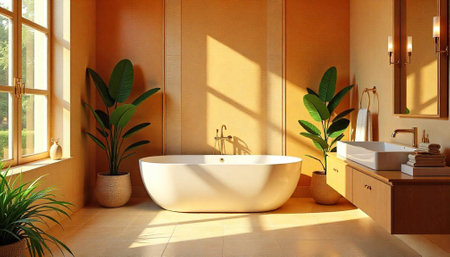 Elegant modern bathroom interior with freestanding tub and plantsの写真素材