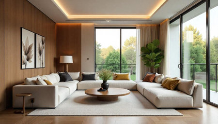 Elegant living room with modern design and natural lightの写真素材