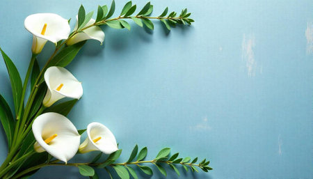 Elegant white calla lilies with green leaves on blue backdropの写真素材