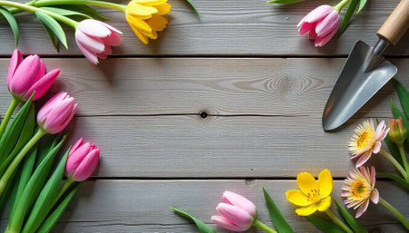 Spring flowers and gardening tools on rustic wood backgroundの写真素材