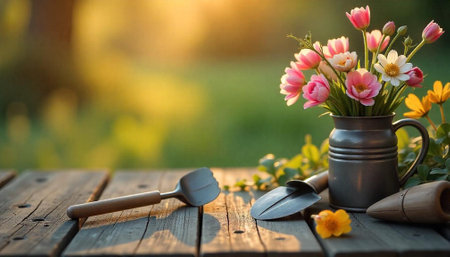 Floral arrangement with garden tools on wooden surface outdoor