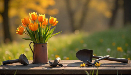 Orange Tulips with Gardening Tools on Wood Table