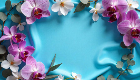 Elegant Orchid and Blossom Arrangement on Light Blue Fabric
