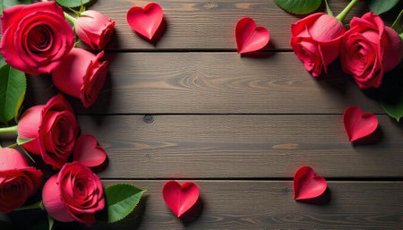 Romantic floral arrangement with roses and hearts on woodの写真素材