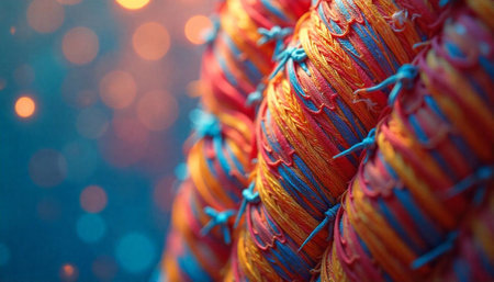Colorful intertwined rope pattern against bokeh background image