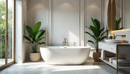 Luxury bathroom interior with freestanding bathtub and green plantsの写真素材