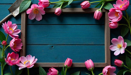 Pink flowers and gardening tool arranged on a wooden frameの写真素材