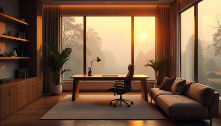 Modern office interior with sunset view from large windowの写真素材