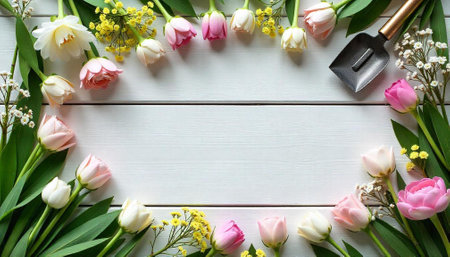 Floral frame of tulips and small gardening shovelの写真素材