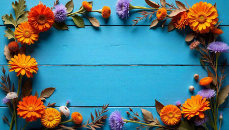 Floral frame of orange and purple flowers