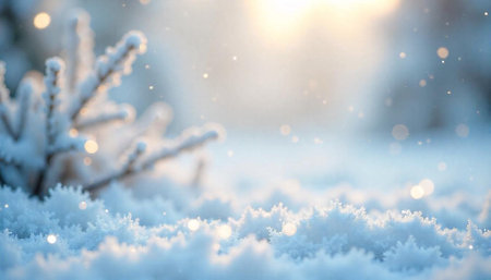 Serene winter landscape with snow crystals and bokeh lightsの写真素材
