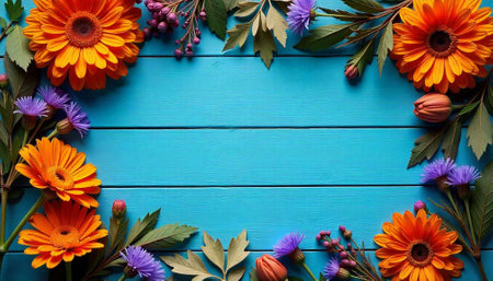 Bright floral arrangement on turquoise wooden background creates frameの写真素材