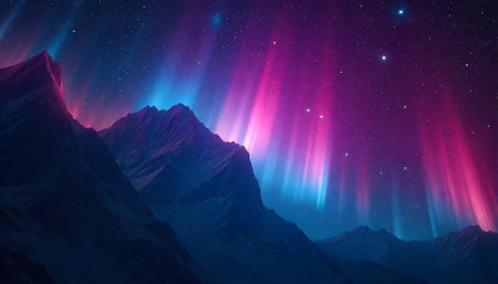 Dramatic aurora borealis over a mountainous landscape at nightの写真素材